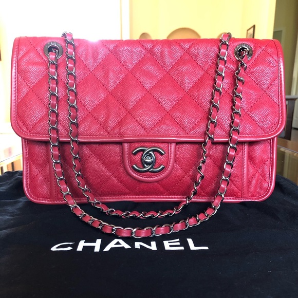 Chanel French Riviera Quilted Large Flap Bag Caviar Red with Gun Metal Hardware - Picture 1 of 17